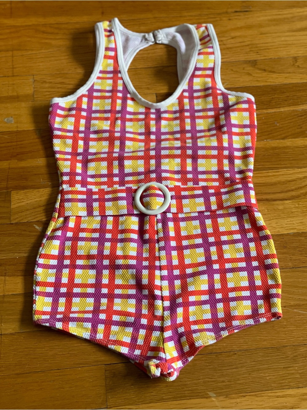 Vintage Cherry Tropix Retro Plaid One-Piece Swimsuit with Belt Accent - Picture 2 of 7